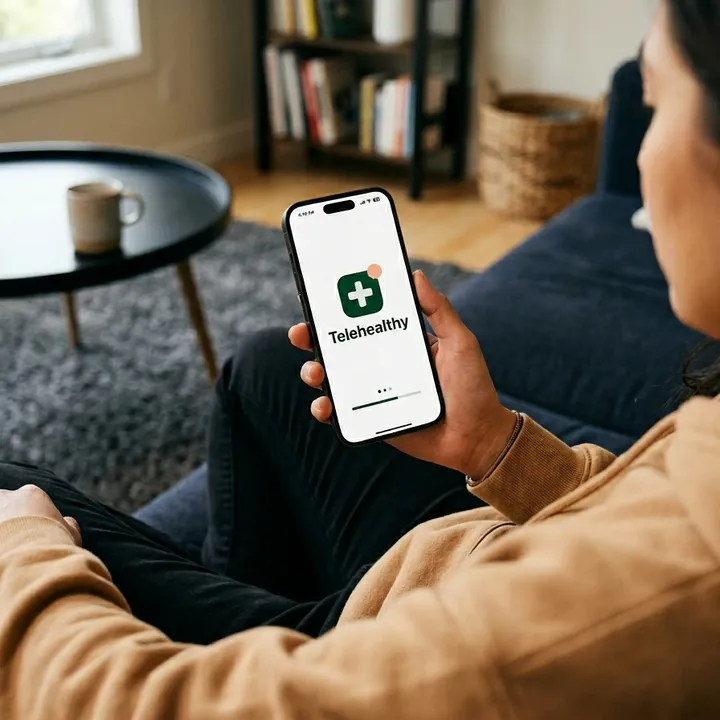 A patient on her sofa opening the Telehealthy app on her phone.